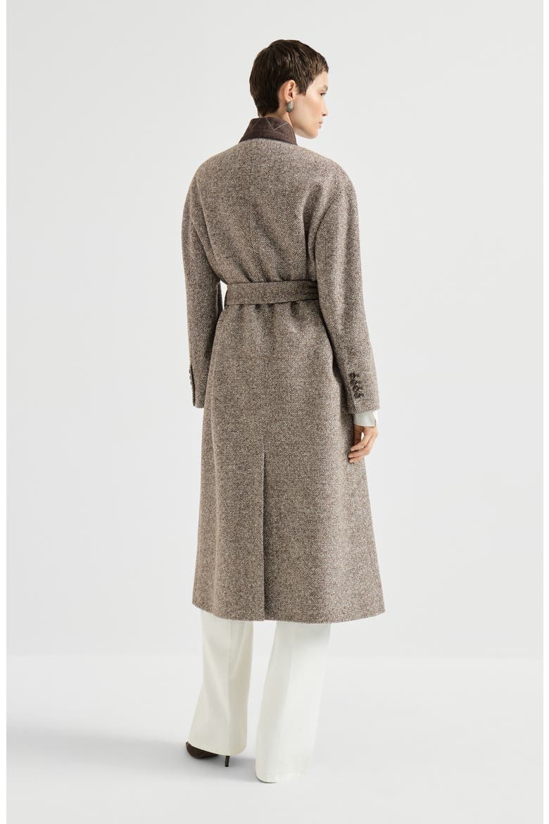 Virgin wool and silk mélange diagonal belted coat with monili, Alternate, color, Brown