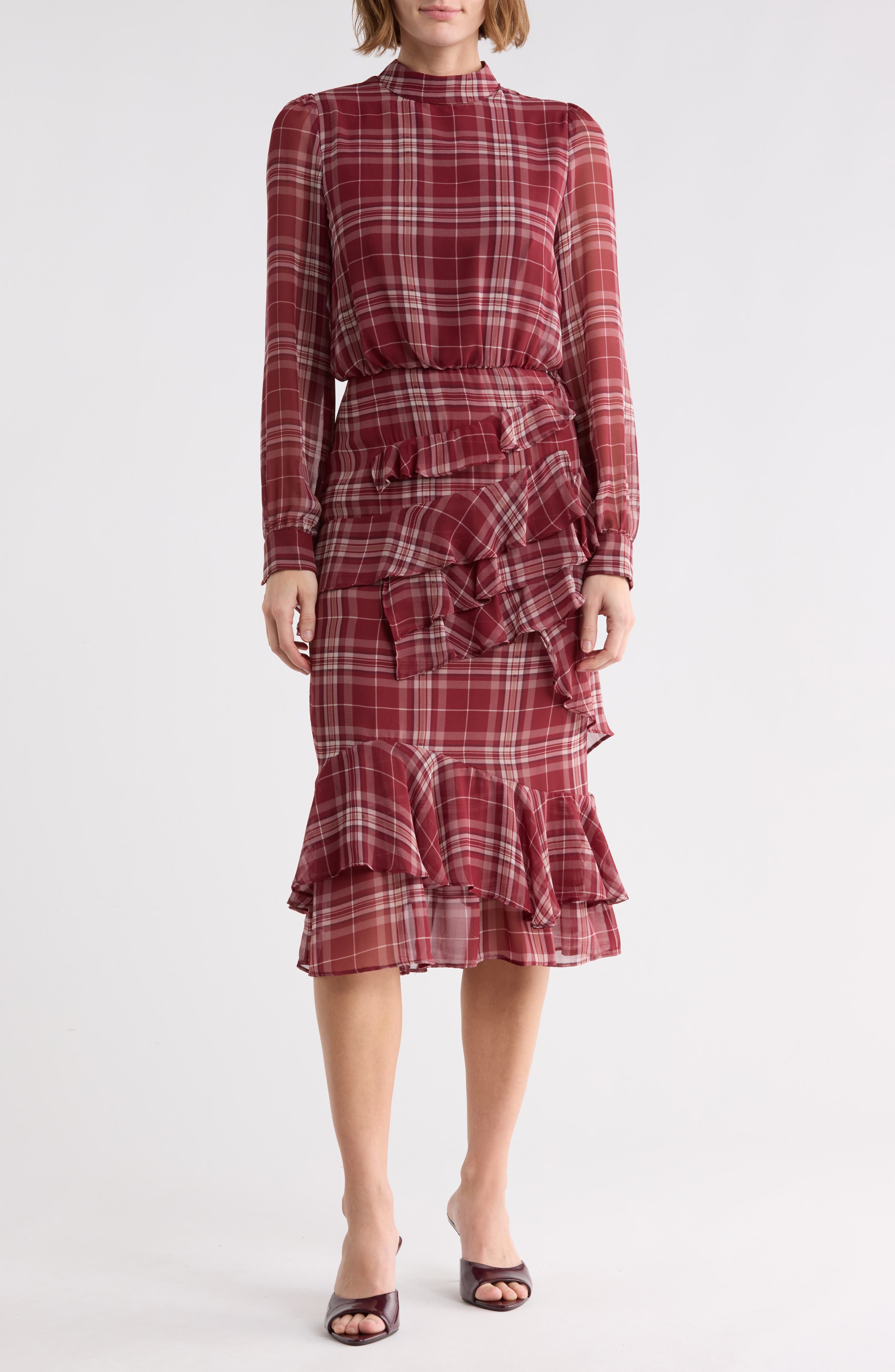 Evelyn Mock Neck Long Sleeve Ruffle Midi Dress