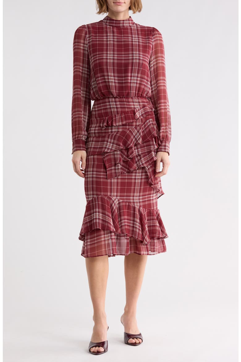 Evelyn Mock Neck Long Sleeve Ruffle Midi Dress, Main, color, BURGUNDY PLAID