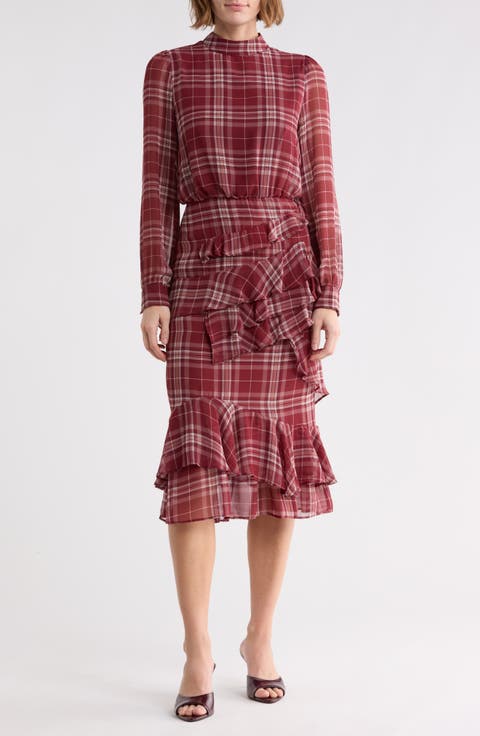 Evelyn Mock Neck Long Sleeve Ruffle Midi Dress