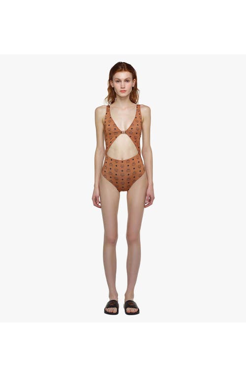 Mcm Monogram-print Cut-out Swimsuit In Cognac