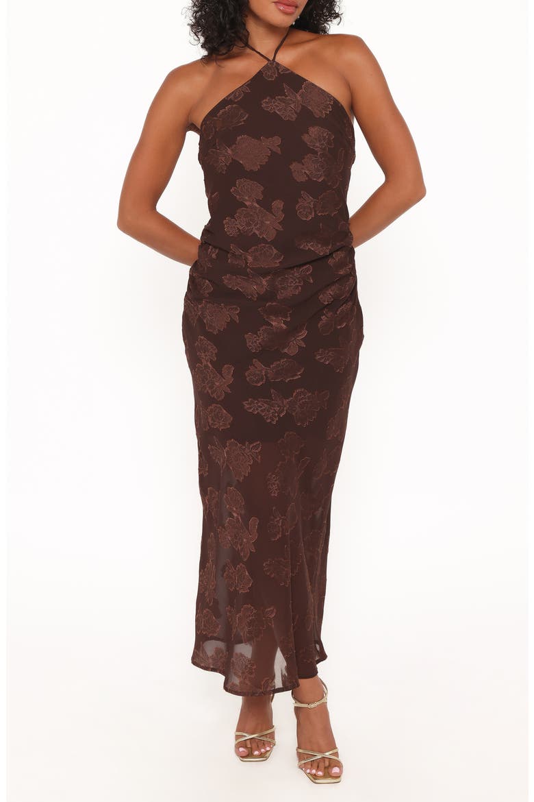 Remy Floral Jacquard Maxi Cocktail Dress, Main, color, BROWN