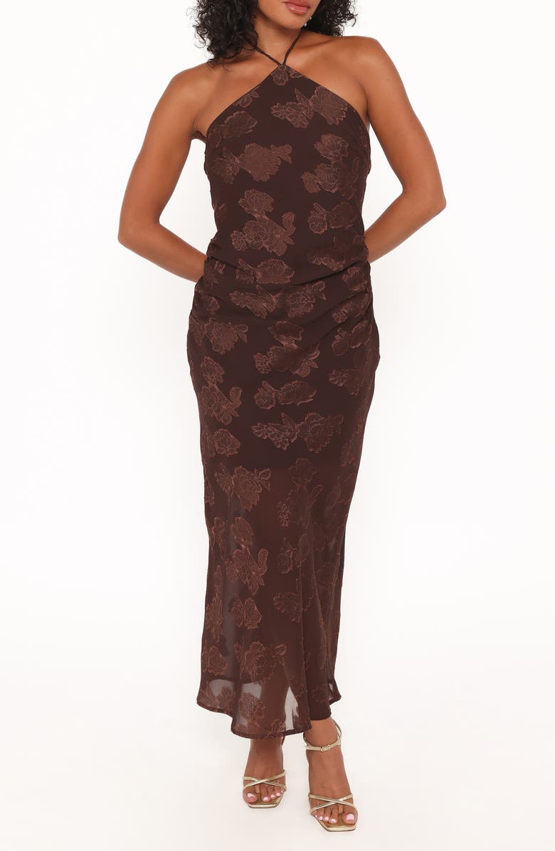Petal & Pup Remy Floral Jacquard Maxi Cocktail Dress, Main, color, Brown
