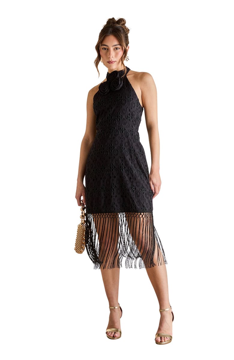 Coast Broderie Embellished Fringe Halter Dress, Main, color, Black