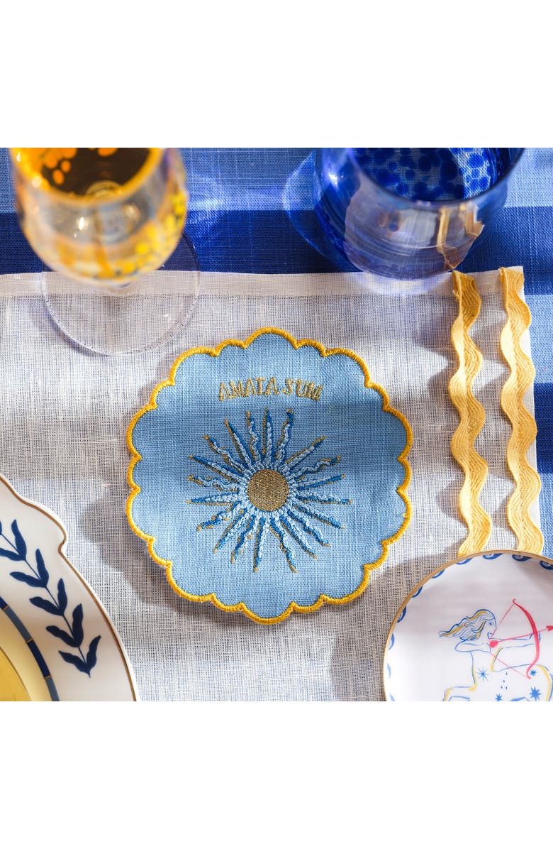 Zsa Zsa Zsu Nilufer 4 Pcs Digital Printed Overlocked Embroidered 100% Cotton Coaster Set, Alternate, color, Blue