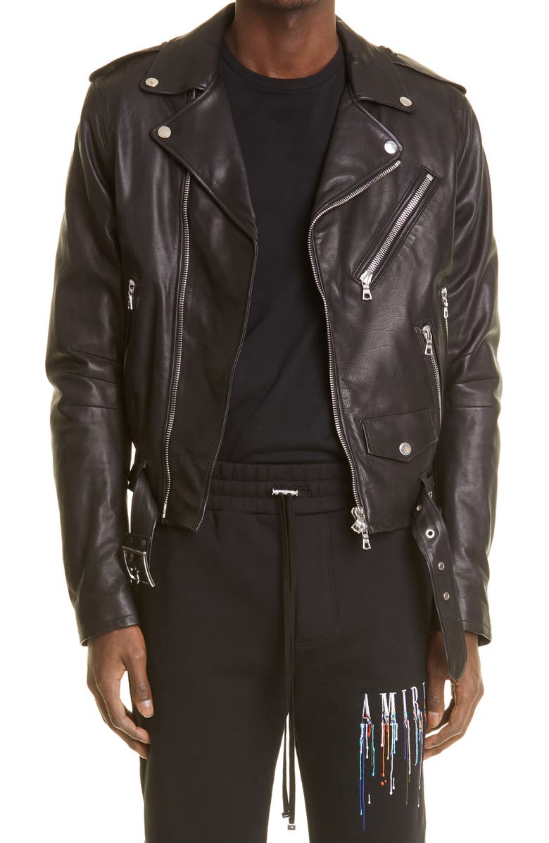 AMIRI Embroidered Paint Drip Core Logo Leather Biker Jacket, Main, color, 