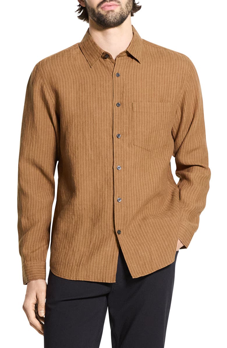 Theory Irving Slub Linen Button-Up Shirt, Main, color, Deep Tobacco