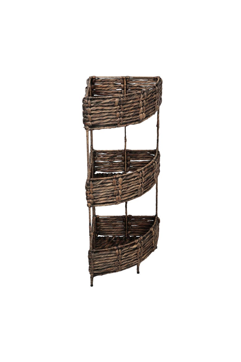 Lavish Coastal Handwoven Water Hyacinth 3-Tier Corner Freestanding Storage Rack with Metal Frame, Main, color, Brown