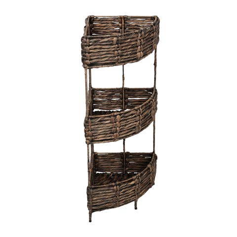 Lavish Coastal Handwoven Water Hyacinth 3-Tier Corner Freestanding Storage Rack with Metal Frame