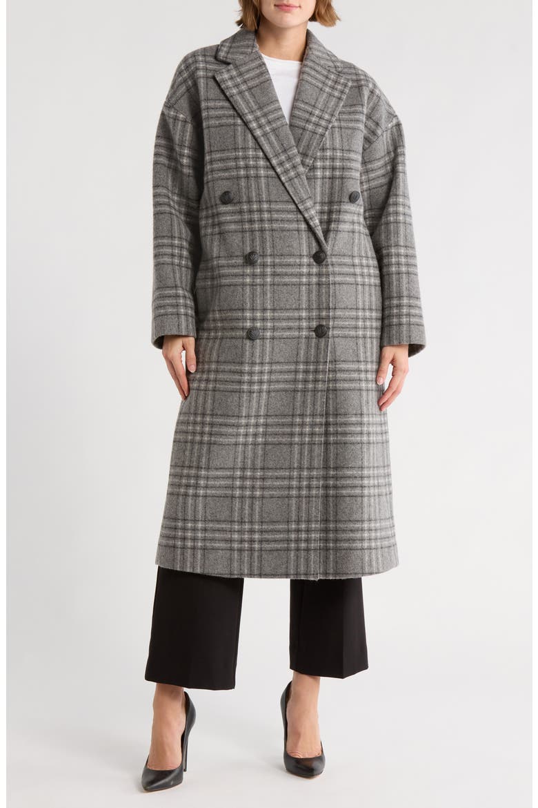 Thea Plaid Double Breasted Wool Blend Coat, Main, color, GREY PLAID