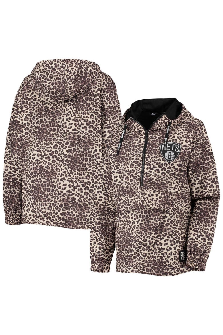 Women's DKNY Sport Leopard Brooklyn Nets Gabriella Windbreaker Half-Zip Hoodie, Main, color, Leopard