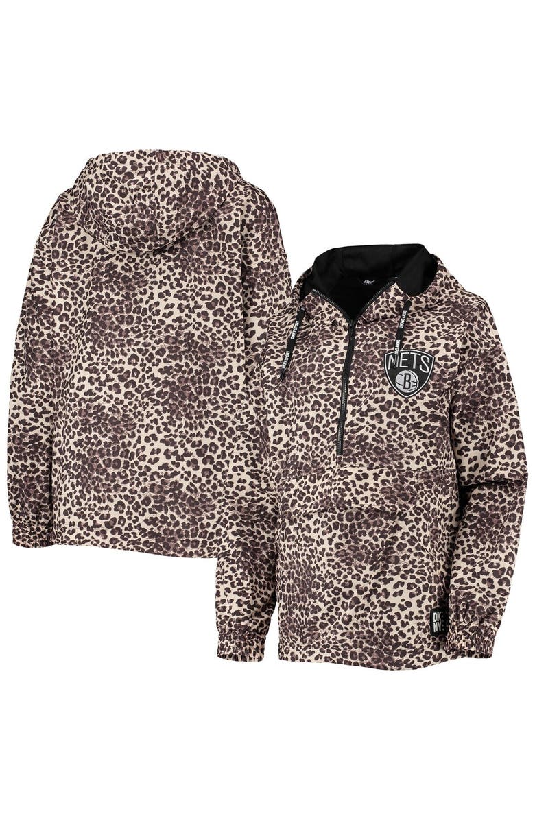 G-III SPORTS BY CARL BANKS Women's DKNY Sport Leopard Brooklyn Nets Gabriella Windbreaker Half-Zip Hoodie, Main, color, Leopard