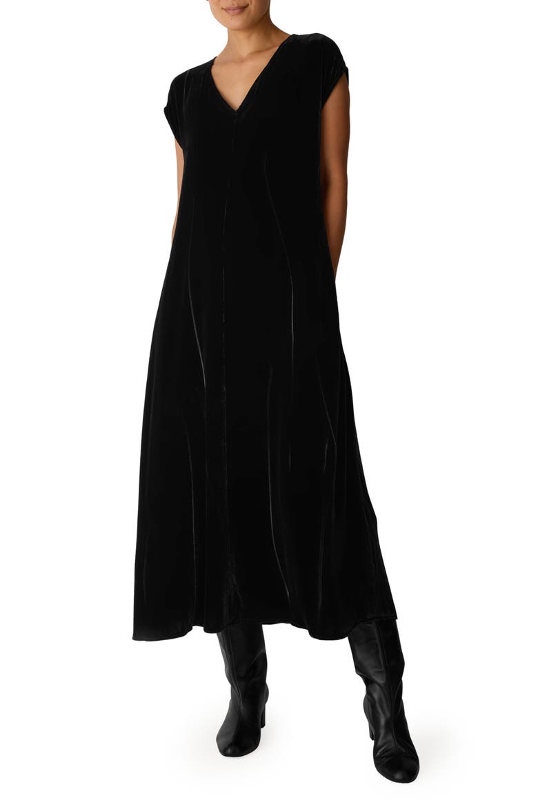 Velvet V-Neck Midi Dress, Main, color, BLACK