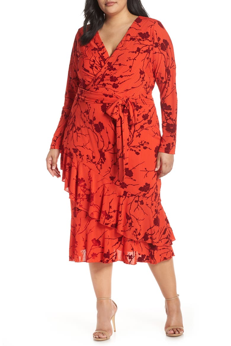Ruffle Hem Faux Wrap Midi Dress, Main, color, FIRE