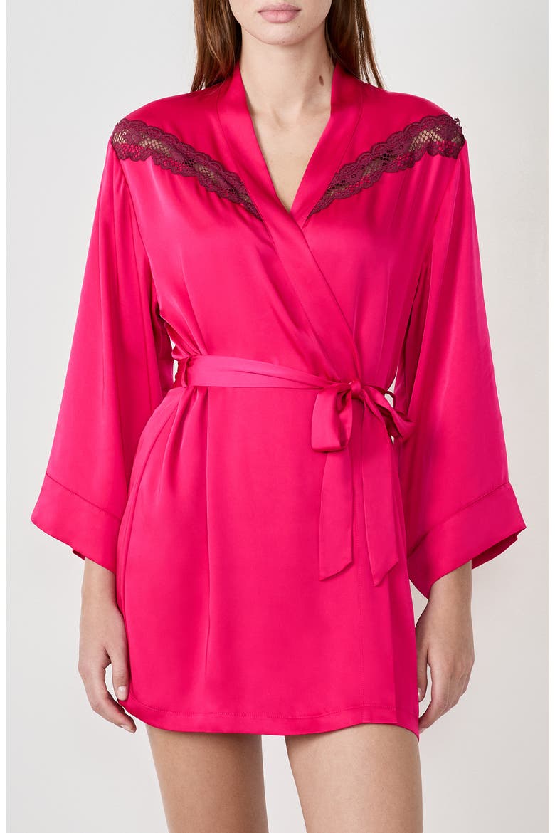 Attitude Deshabille Lace Trim Satin Robe, Main, color, PETUNIA