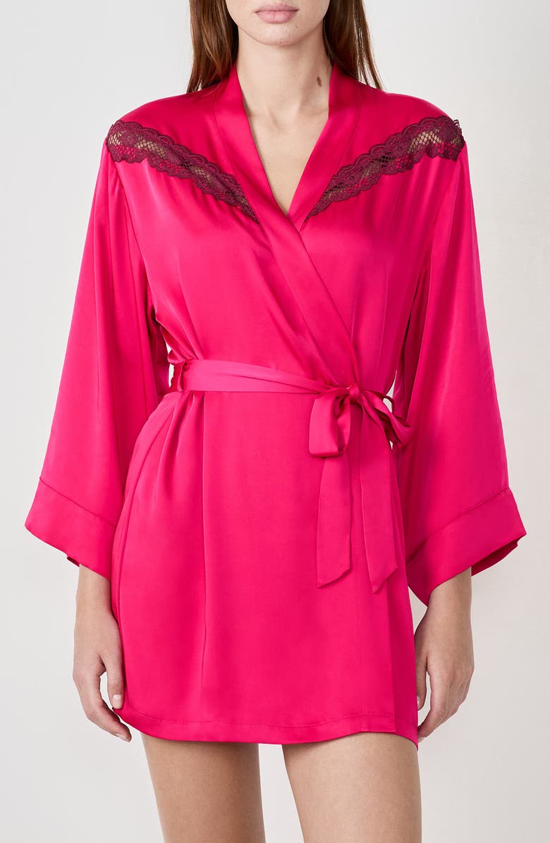 Etam Attitude Deshabille Lace Trim Satin Robe, Main, color, Petunia