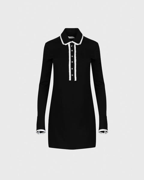 Women
s Dress  Estampe Black Long Sleeve Dress Featuring Classic Collar And Half-Placket With Pleated Trims