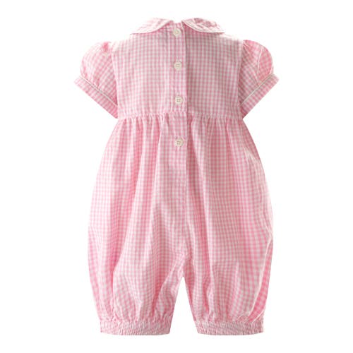 Rachel Riley Gingham Bunny Smocked Babysuit In Pink