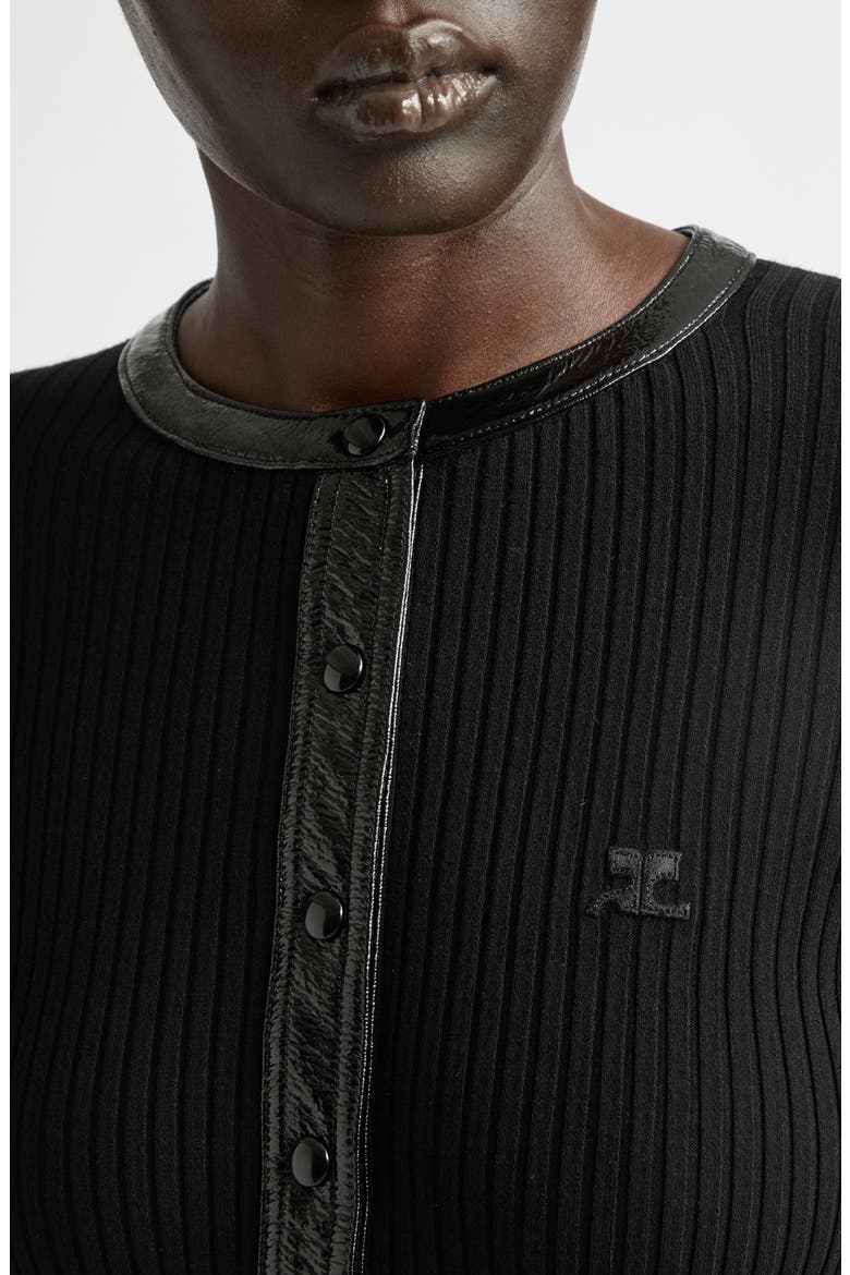 Vinyl Trim Ribbed Cardigan, Alternate, color, BLACK