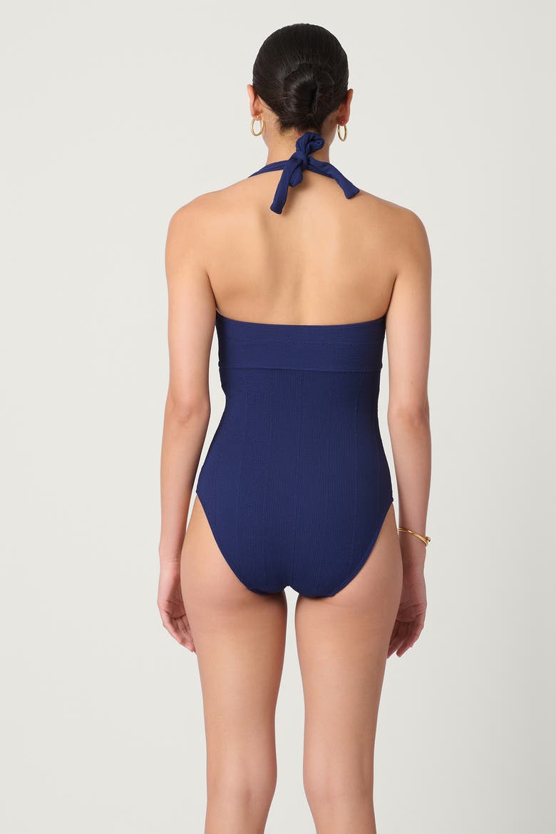 Solid Texture Retro Halter One Piece, Alternate, color, Navy