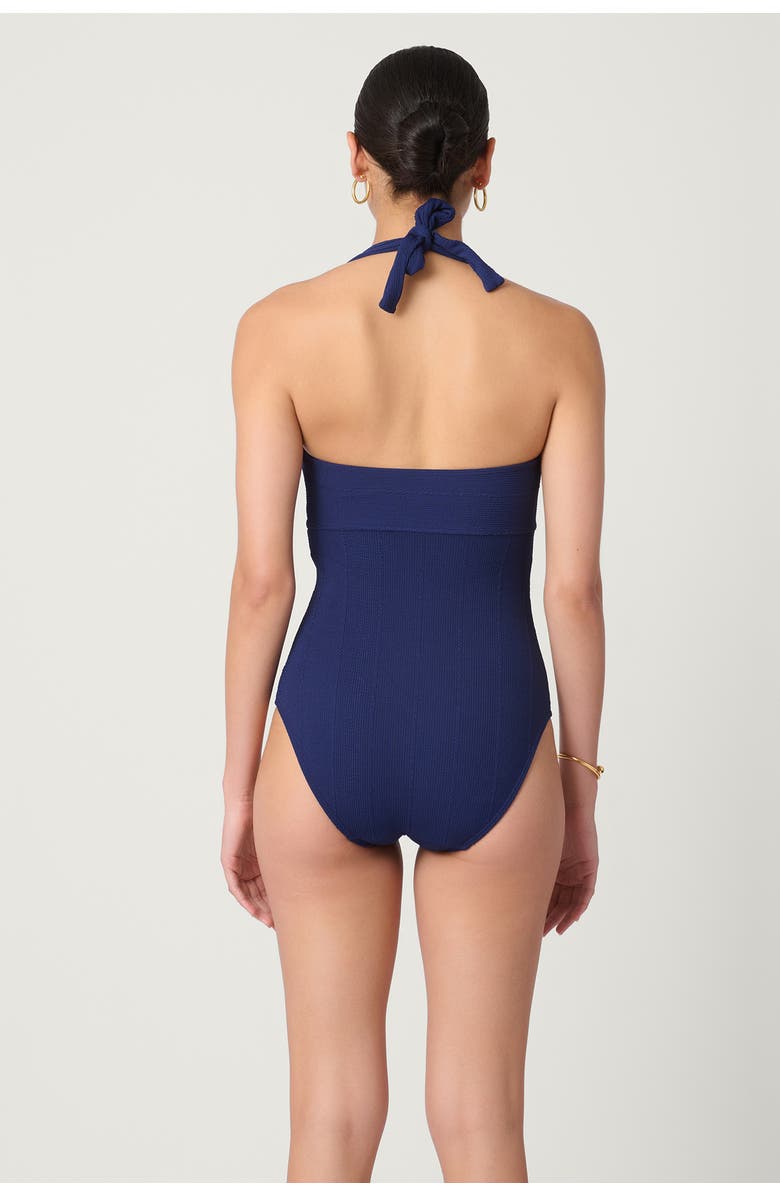 Shoshanna Solid Texture Retro Halter One Piece, Alternate, color, Navy