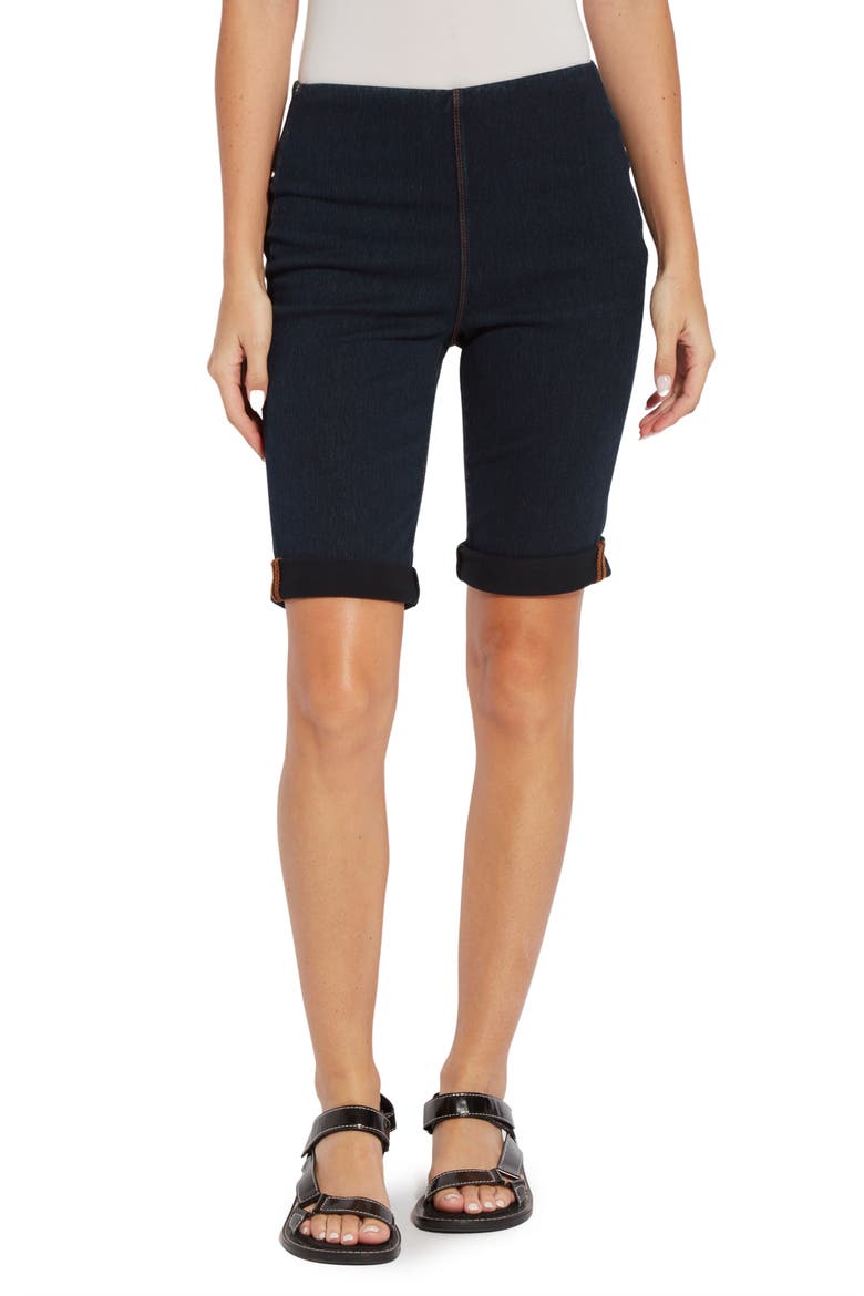 'Lyssentials Stretch Denim Boyfriend Shorts, Main, color, INDIGO