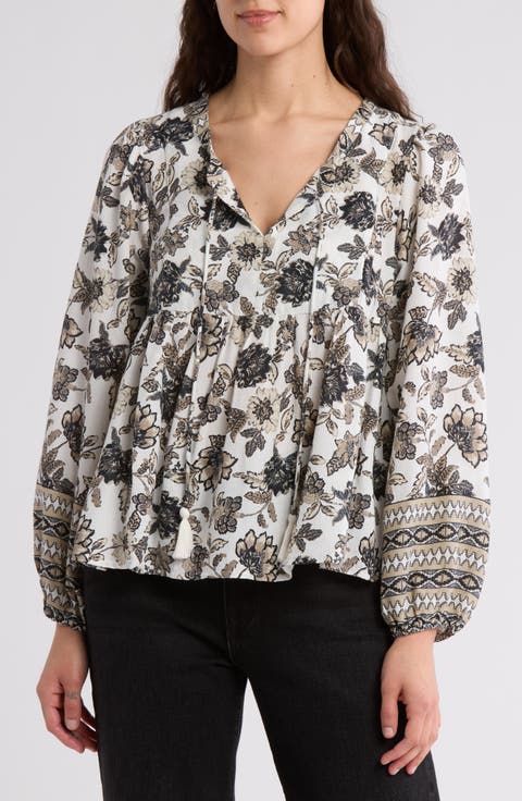 Border Print Split Neck Top