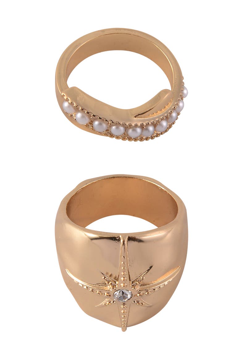 Set of 2 Faux Pearl & Crystal Band Rings, Alternate, color, GOLD