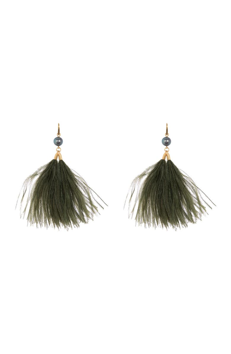 Tory Burch Pearl & Feather Tassel Earrings, Main, color, 