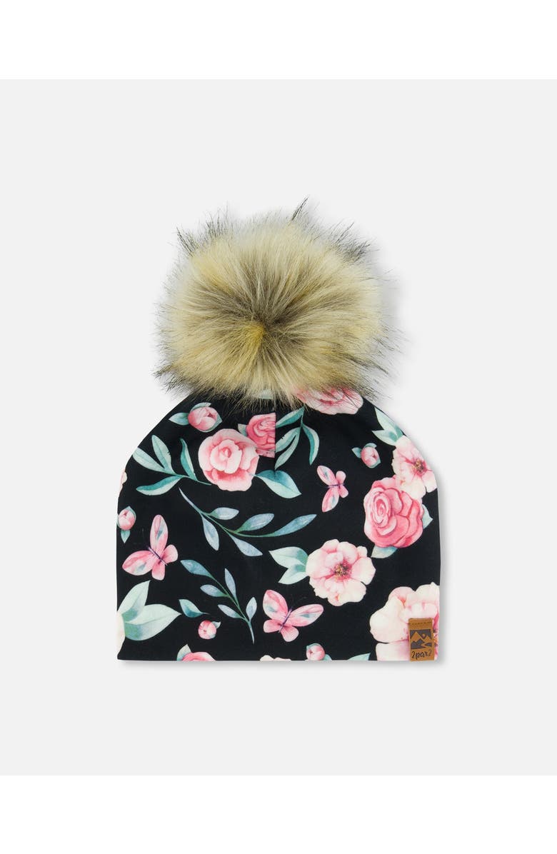 Deux par Deux Baby Girl's Printed Jersey Detachable Pompom Hat Pink, Black, And Flowers, Main, color, 