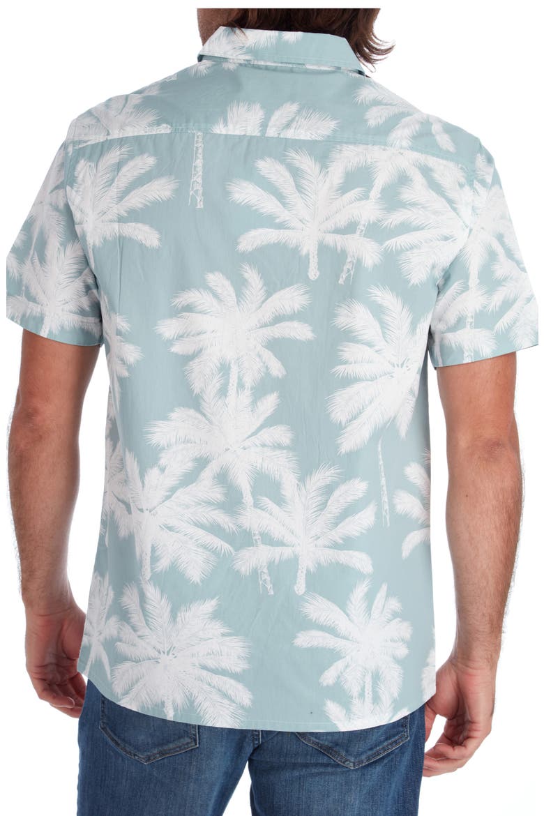 Palm Print Short Sleeve Button-Up Peached Cotton Poplin Shirt, Alternate, color, SEAFOAM