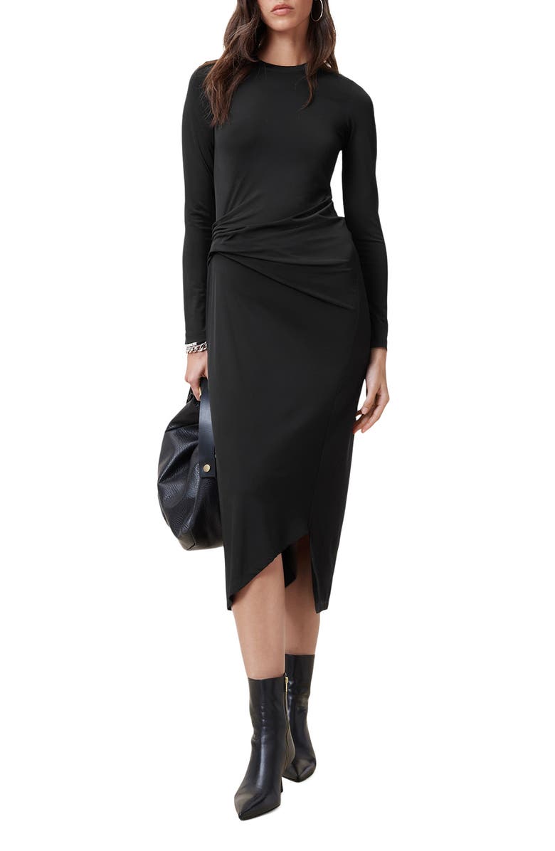 AllSaints Rivi Long Sleeve Asymmetric Dress, Alternate, color, Black