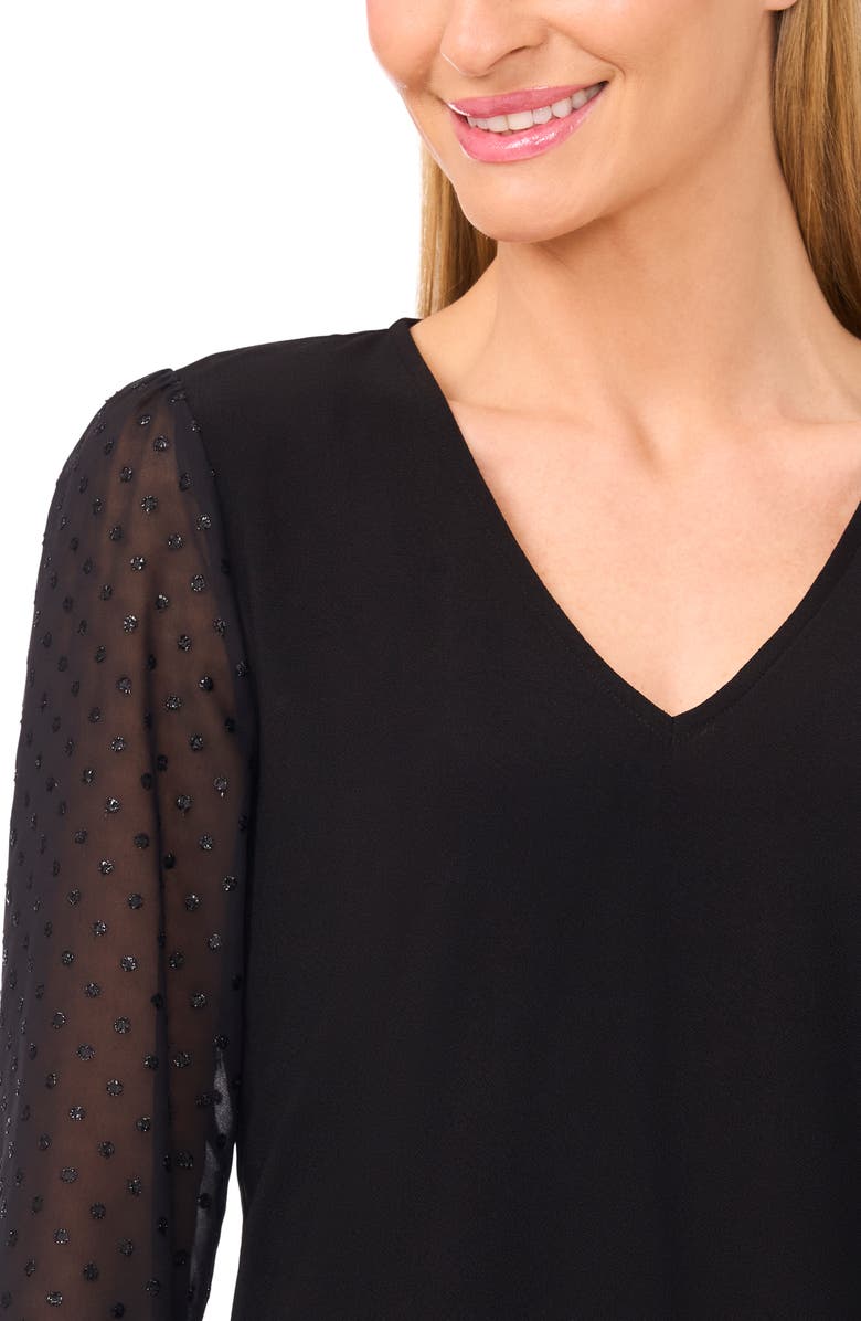 CeCe Metallic Dot Detail Mixed Media Crepe Top, Alternate, color, Rich Black