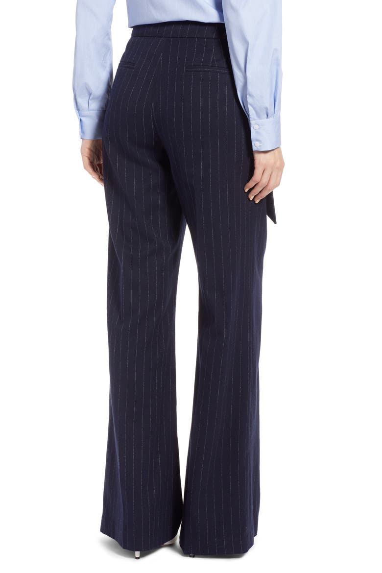 Tie Waist Wide Leg Stretch Crepe Pants, Alternate, color, NAVY CHALK STRIPE