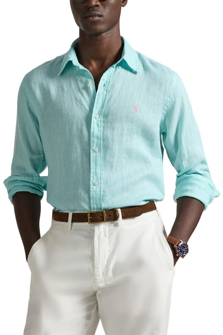 Classic Fit Linen Button-Down Shirt, Main, color, NEW AQUA