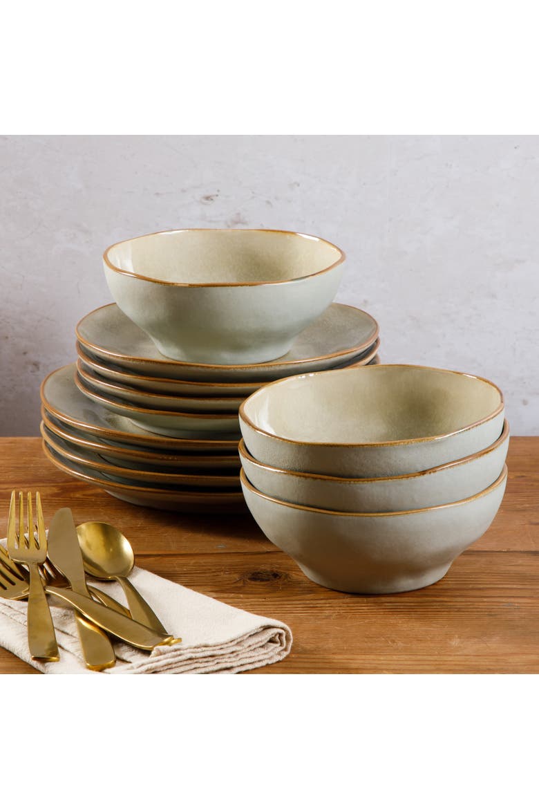 Wild Archer Plates and Bowls Set 12 Piece Stoneware Dinnerware Set for 4, Alternate, color, Beige