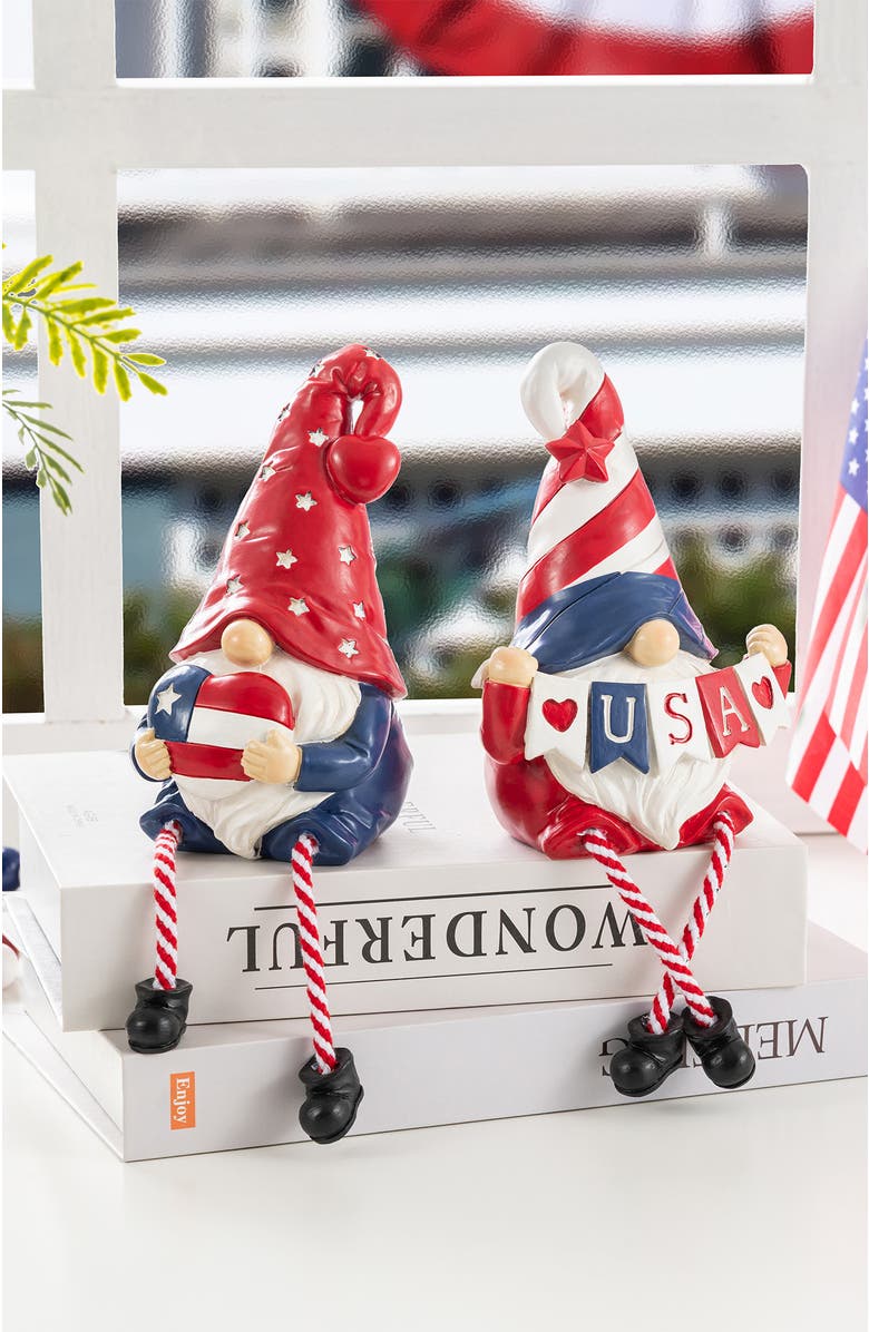 Glitzhome Set of 2 Patriotic Americana Polyresin Gnome with Dangling Legs Table Decor, Alternate, color, Blue