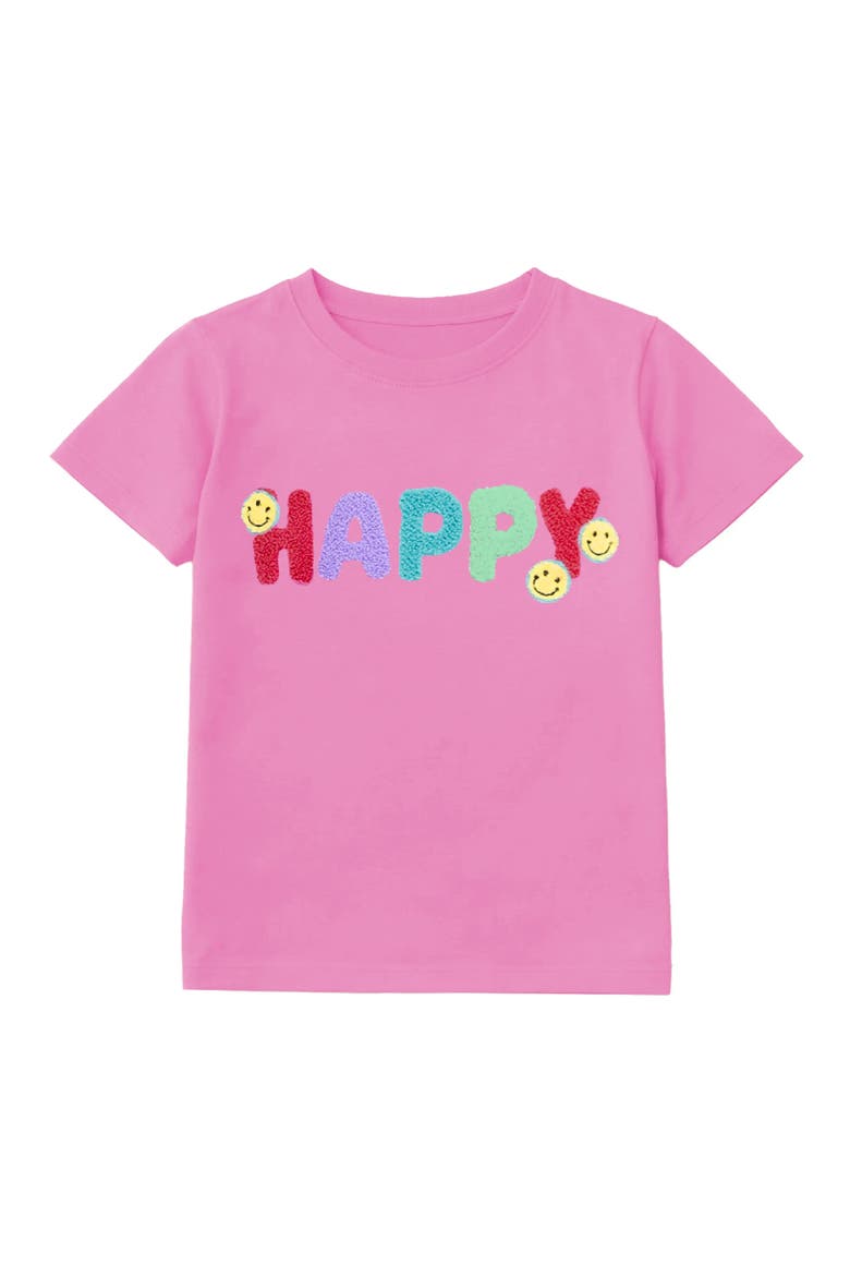 Happy Applique Short Sleeve Tee, Main, color, Medium Pink