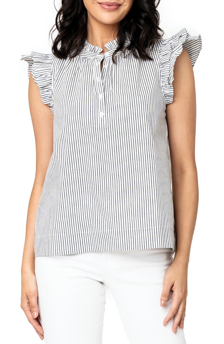 GIBSONLOOK Pinstripe Double Flutter Sleeve Stretch Cotton Top, Main, color, Blk/Wht Pinstripe