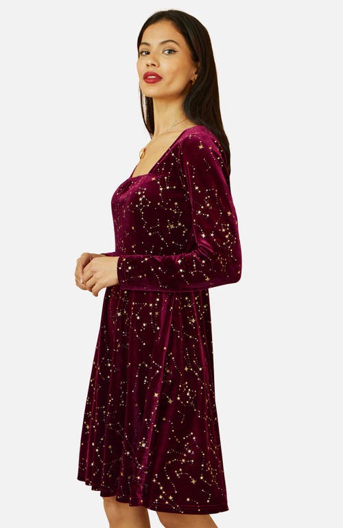 Yumi Star Foil Print Skater Dress In Burgundy