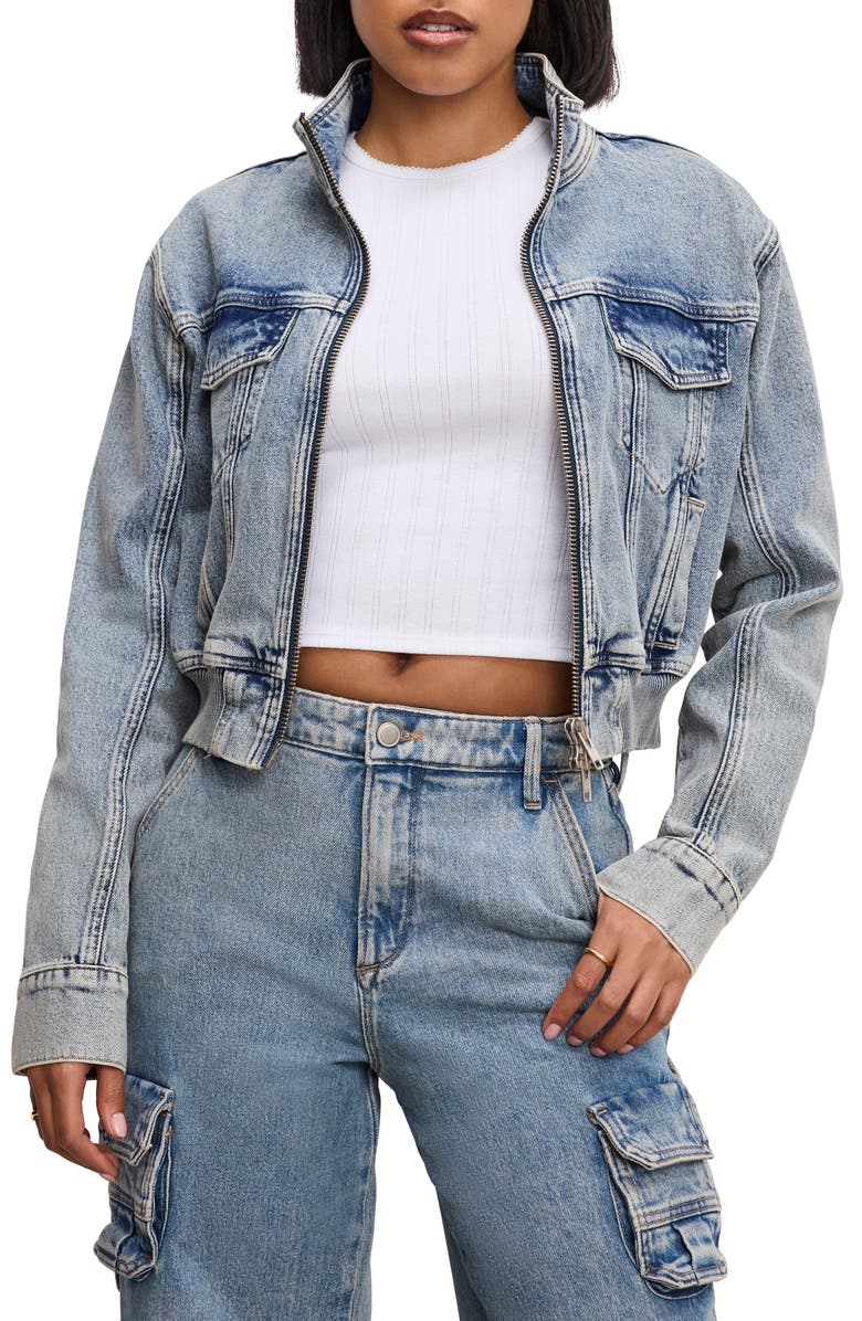 Good American Zip Crop Denim Jacket, Main, color, 