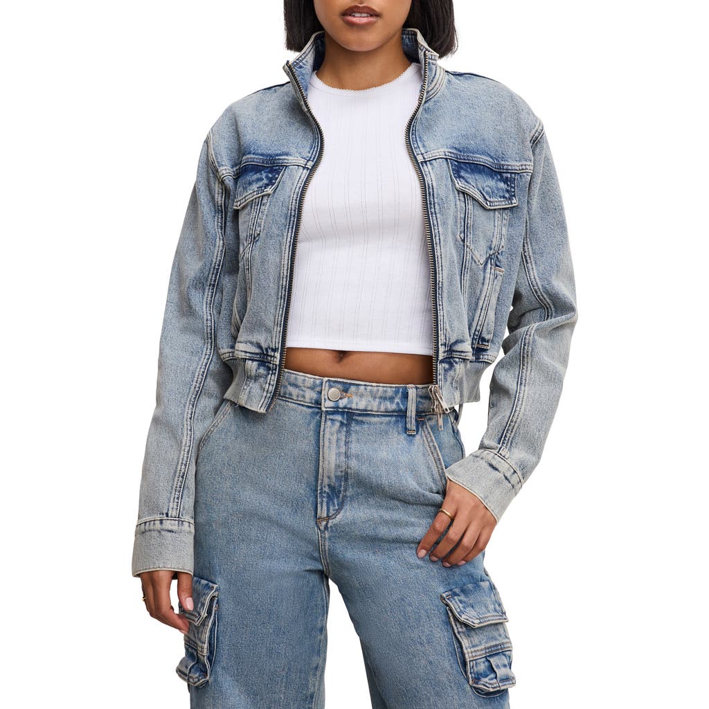 Good American Zip Crop Denim Jacket In Indigo762