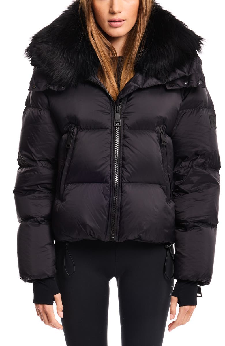 SAM. Kaia Water Resistant Down Puffer Jacket with Removable Genuine Shearling Trim, Alternate, color, Black