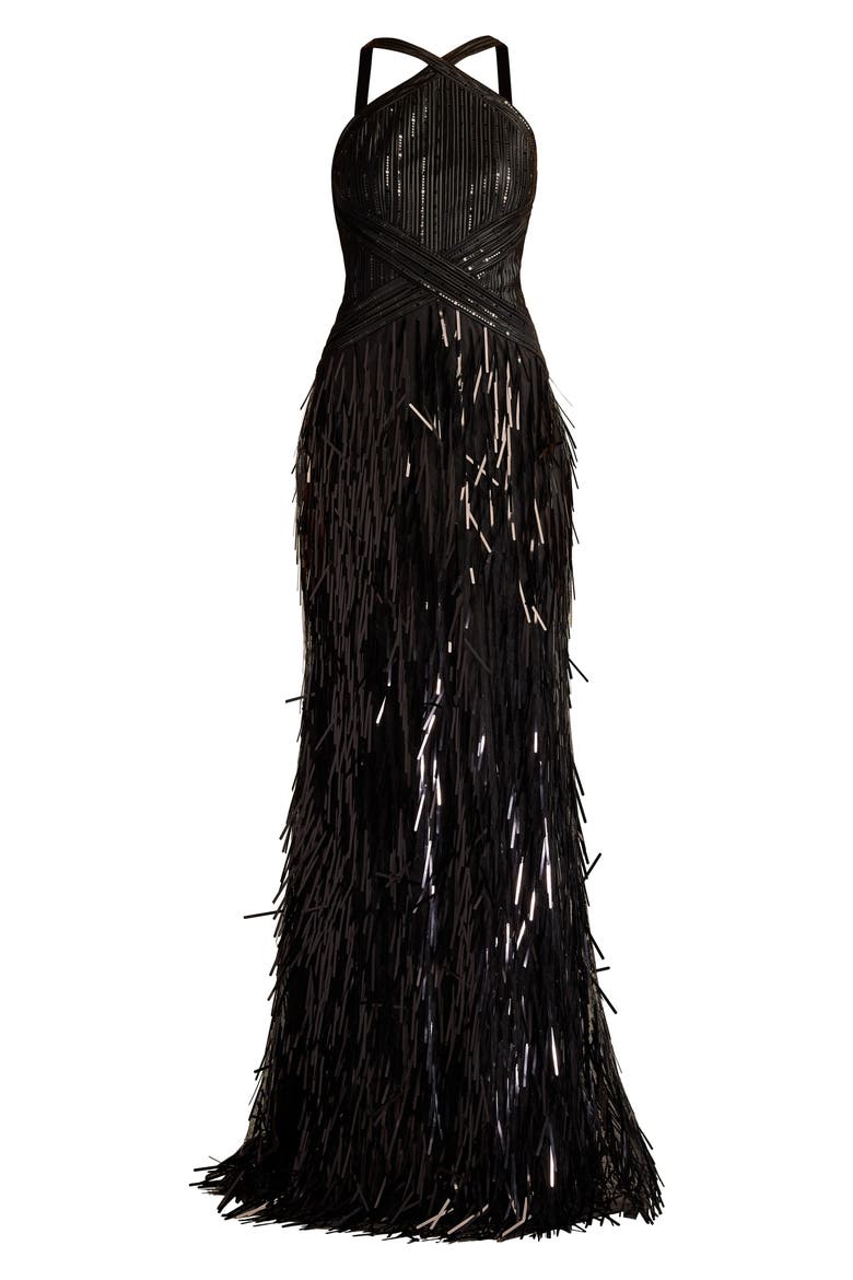 Sequin & Tassel Detail Gown, Alternate, color, BLACK