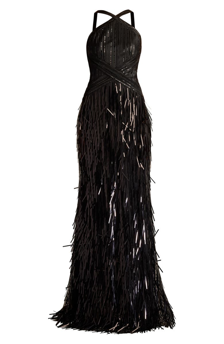 SHO by Tadashi Shoji Sequin & Tassel Detail Gown, Alternate, color, Black