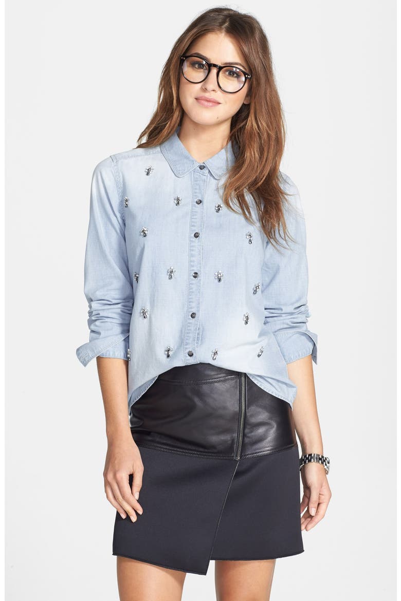 Embellished Denim Shirt, Main, color, BLEACH WASH