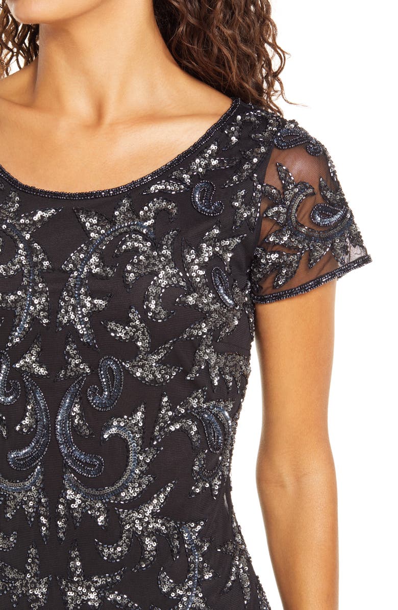 Pisarro Nights Beaded Mesh Cocktail Dress, Alternate, color, 