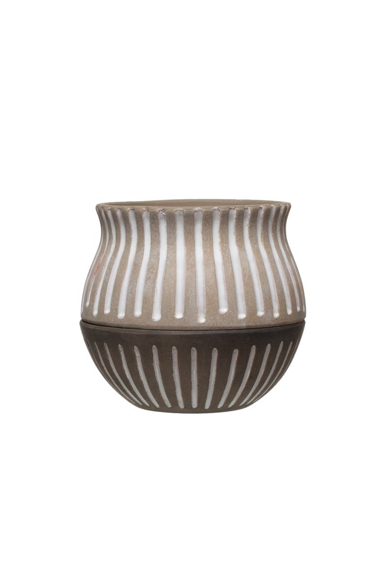 Round Hand-Painted Terra-cotta Planter with Saucer and Debossed Lines, Planter with Saucer, Main, color, Grey