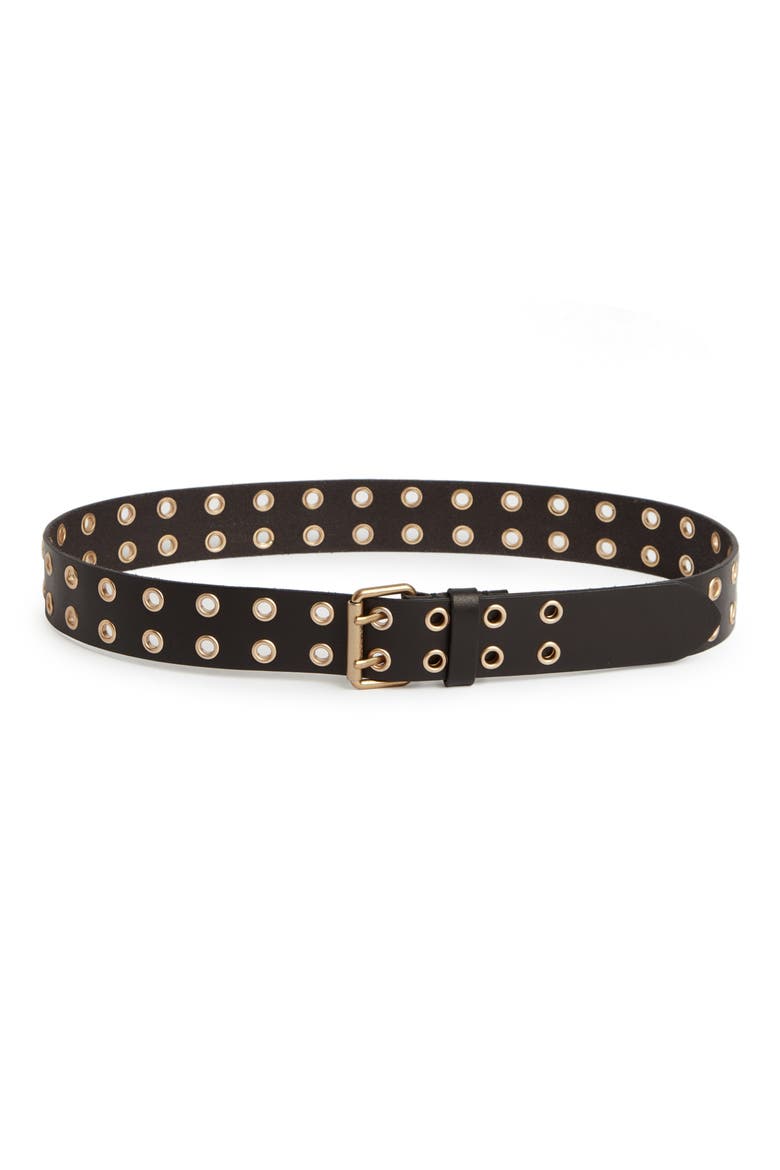 Double Prong Belt, Main, color, BLACK / ANTIQUE BRASS
