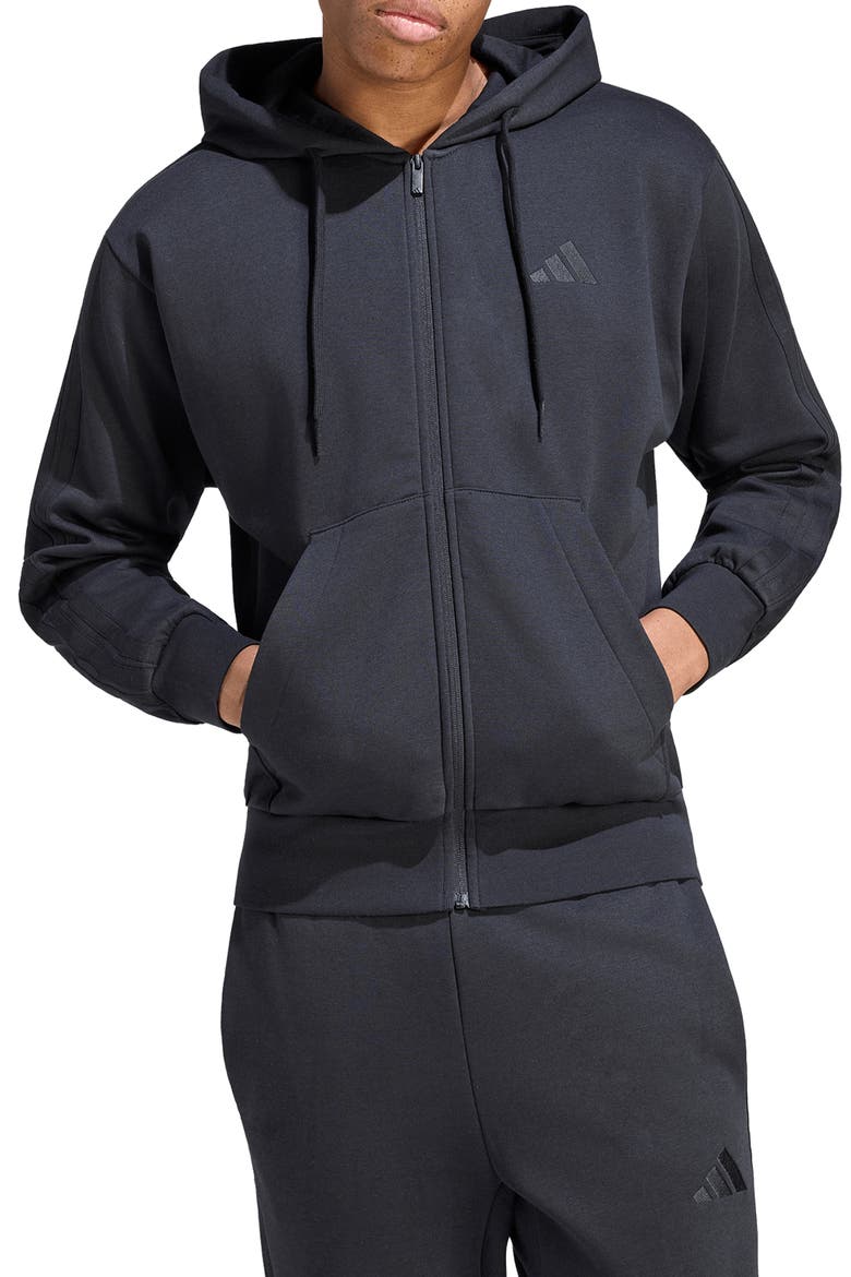 Essentials 3-Stripes Full Zip Hoodie, Main, color, BLACK/ BLACK